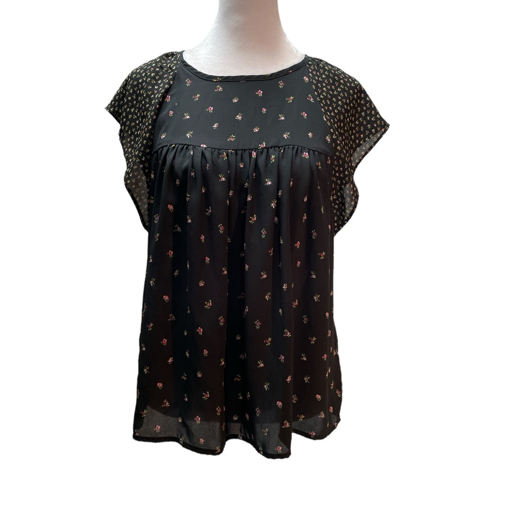 Gap Black with Floral Print Sheer Short Sleeve Loose Fit Women's Blouse Size XSP